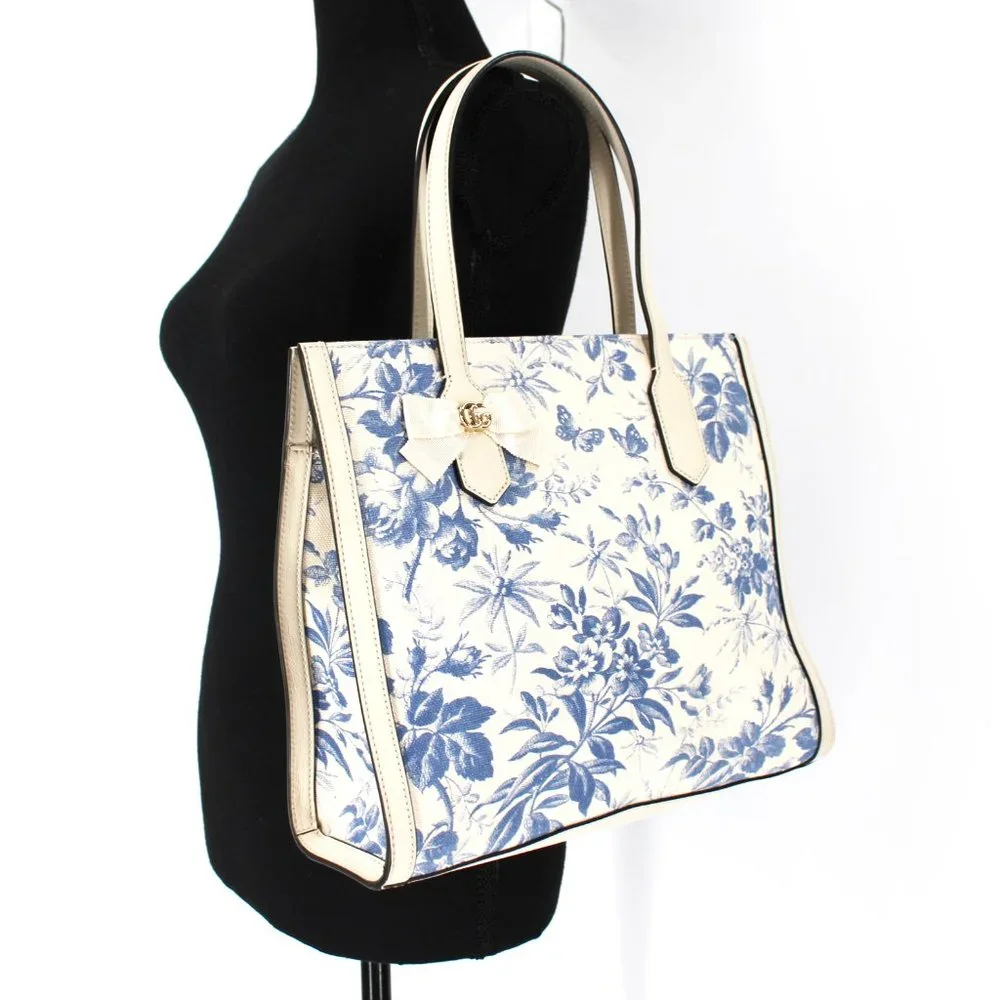 GUCCI Herbarium Ivory Blue Floral Butterfly Canvas Leather Large Tote Handbag - Picture 2 of 10